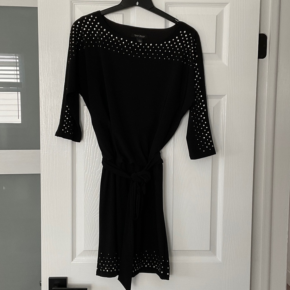 White House Black Market Black Studded Long-Sleeve Tie-Waist Dress